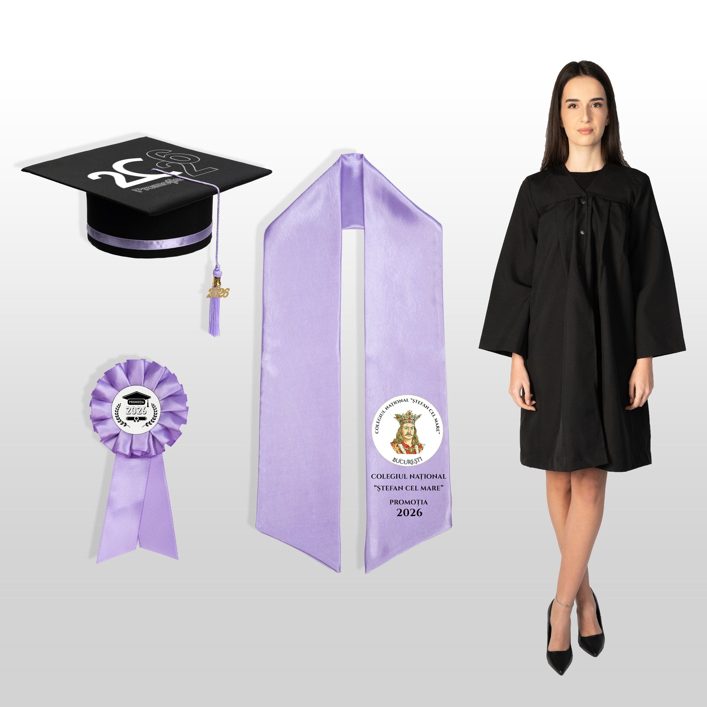 Robă, tocă, eșarfă și cocardă absolvire lila personalizate