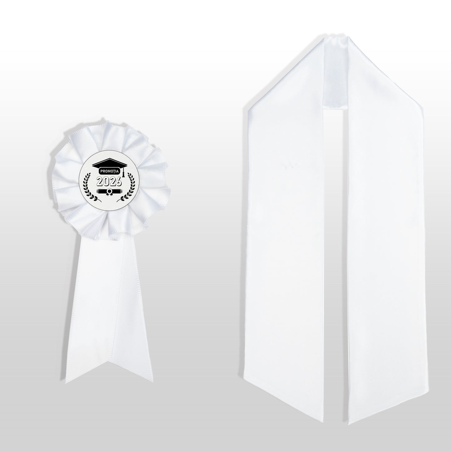 Eșarfă și cocardă de absolvire albă