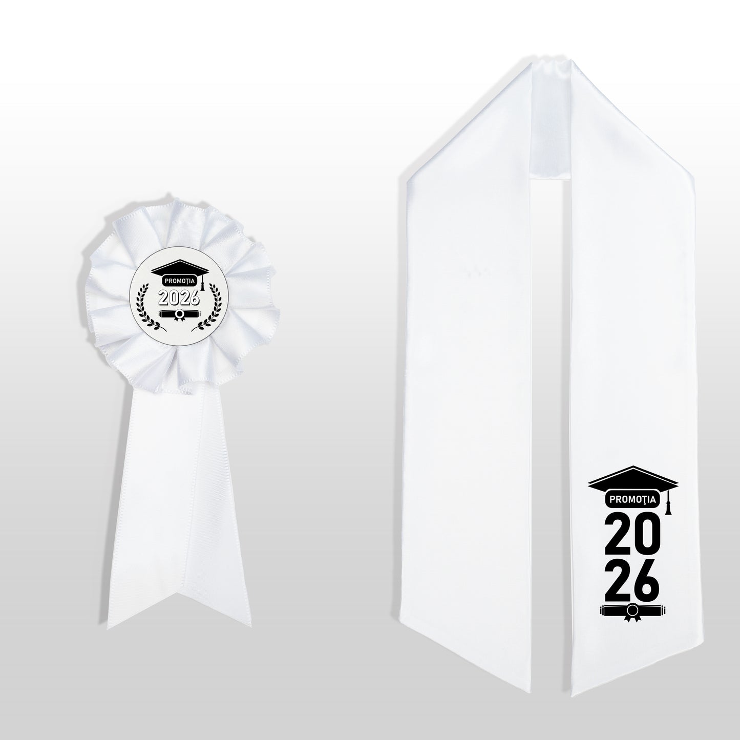 Eșarfă și cocardă de absolvire albă