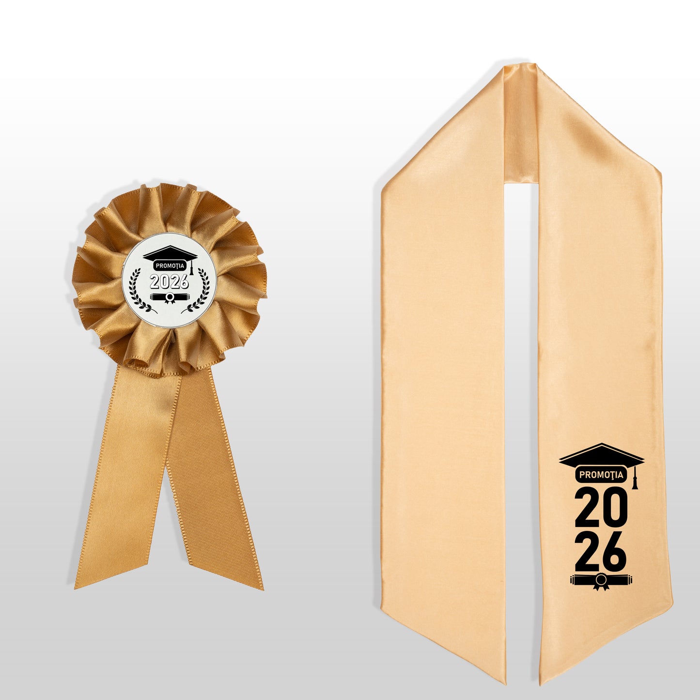 Eșarfă și cocardă de absolvire aurie