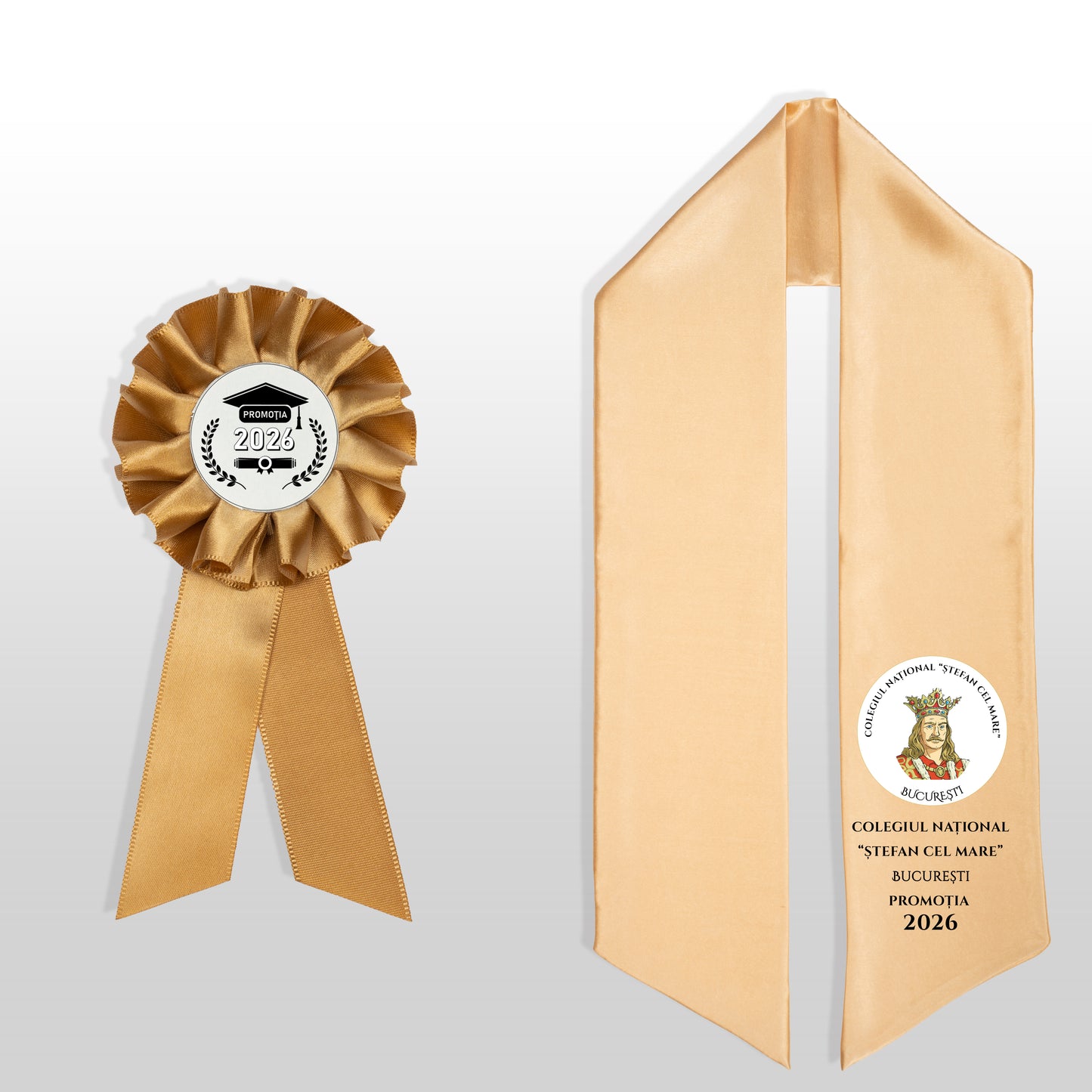 Eșarfă și cocardă de absolvire aurie