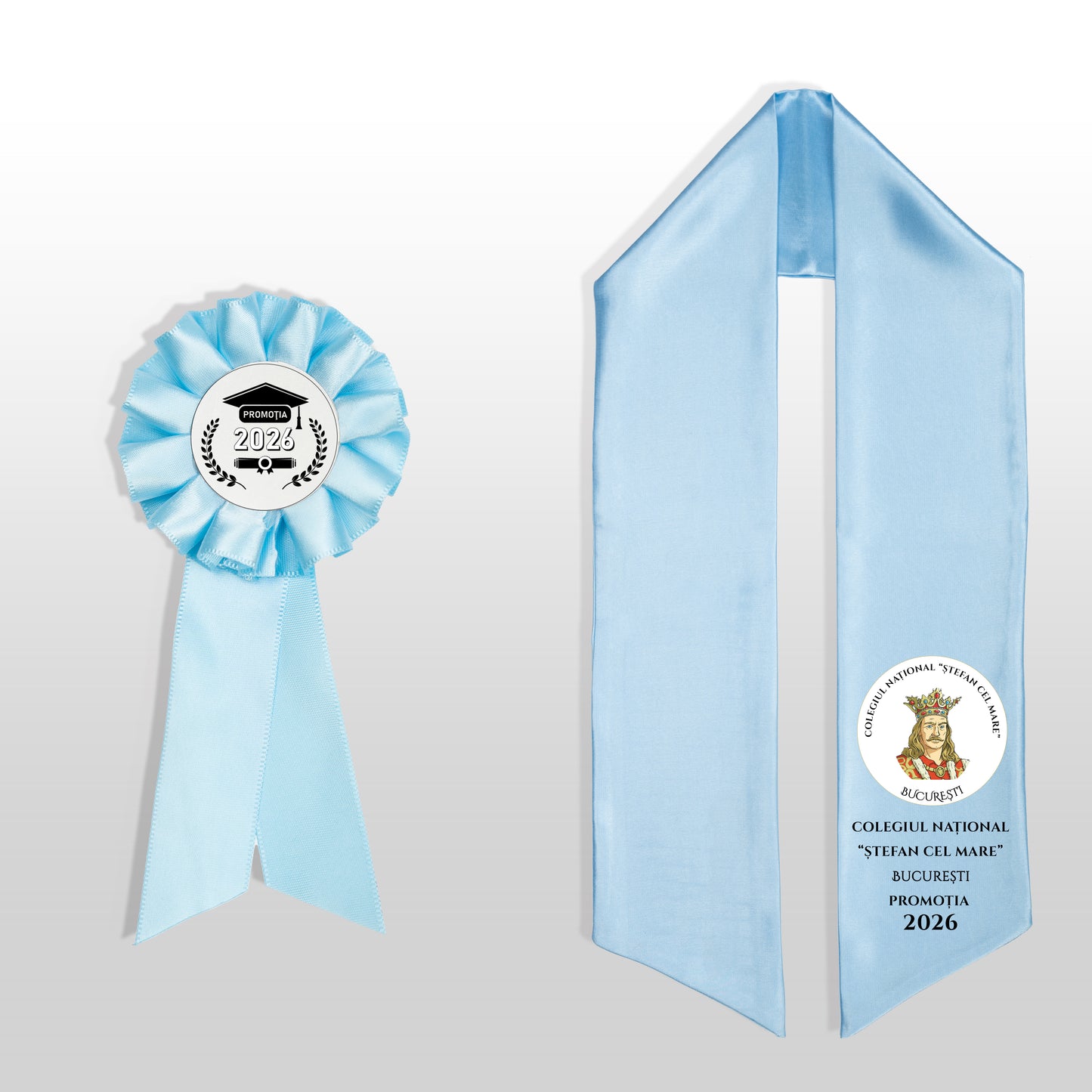 Eșarfă și cocardă de absolvire baby blue