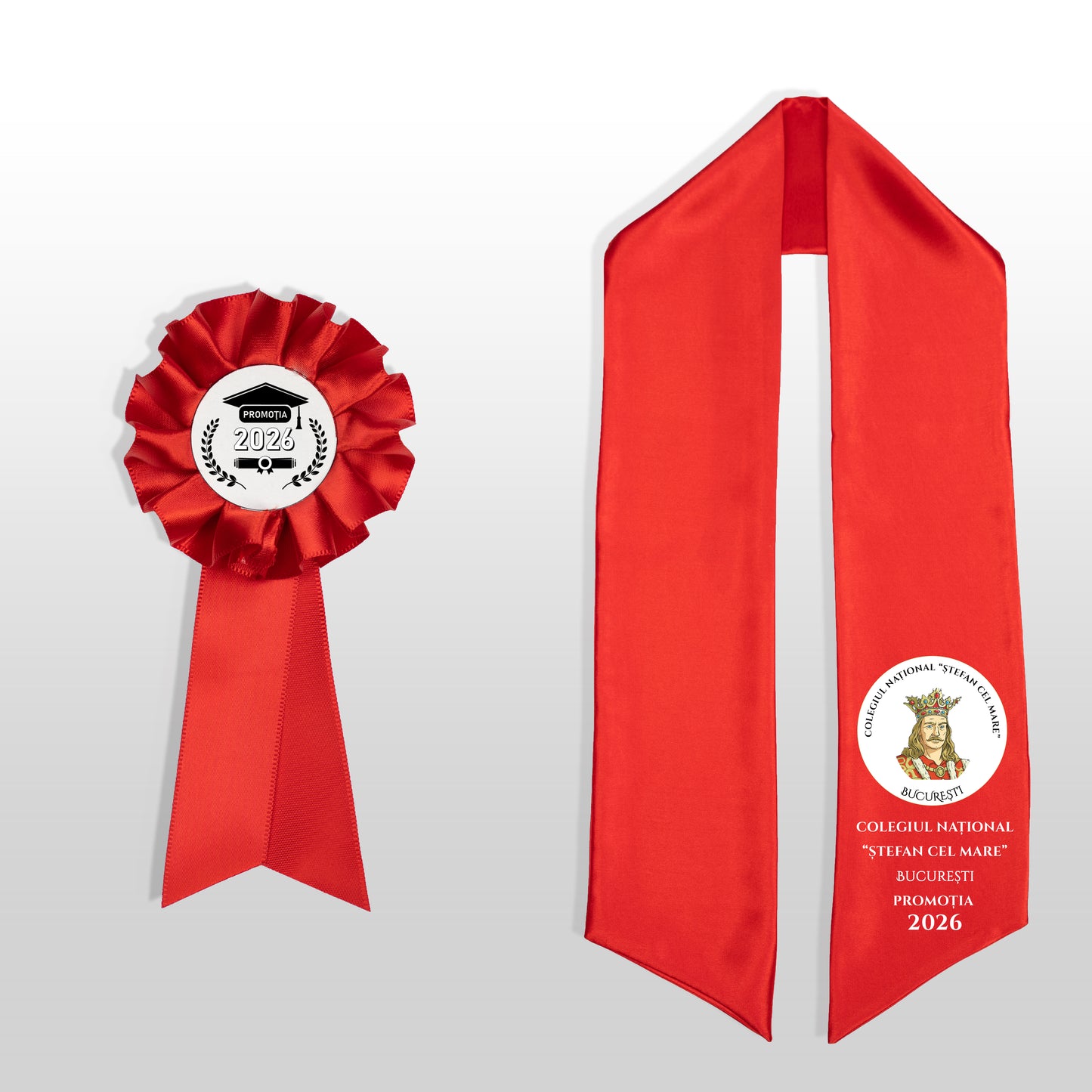 Eșarfă și cocardă absolvire roșie personalizată