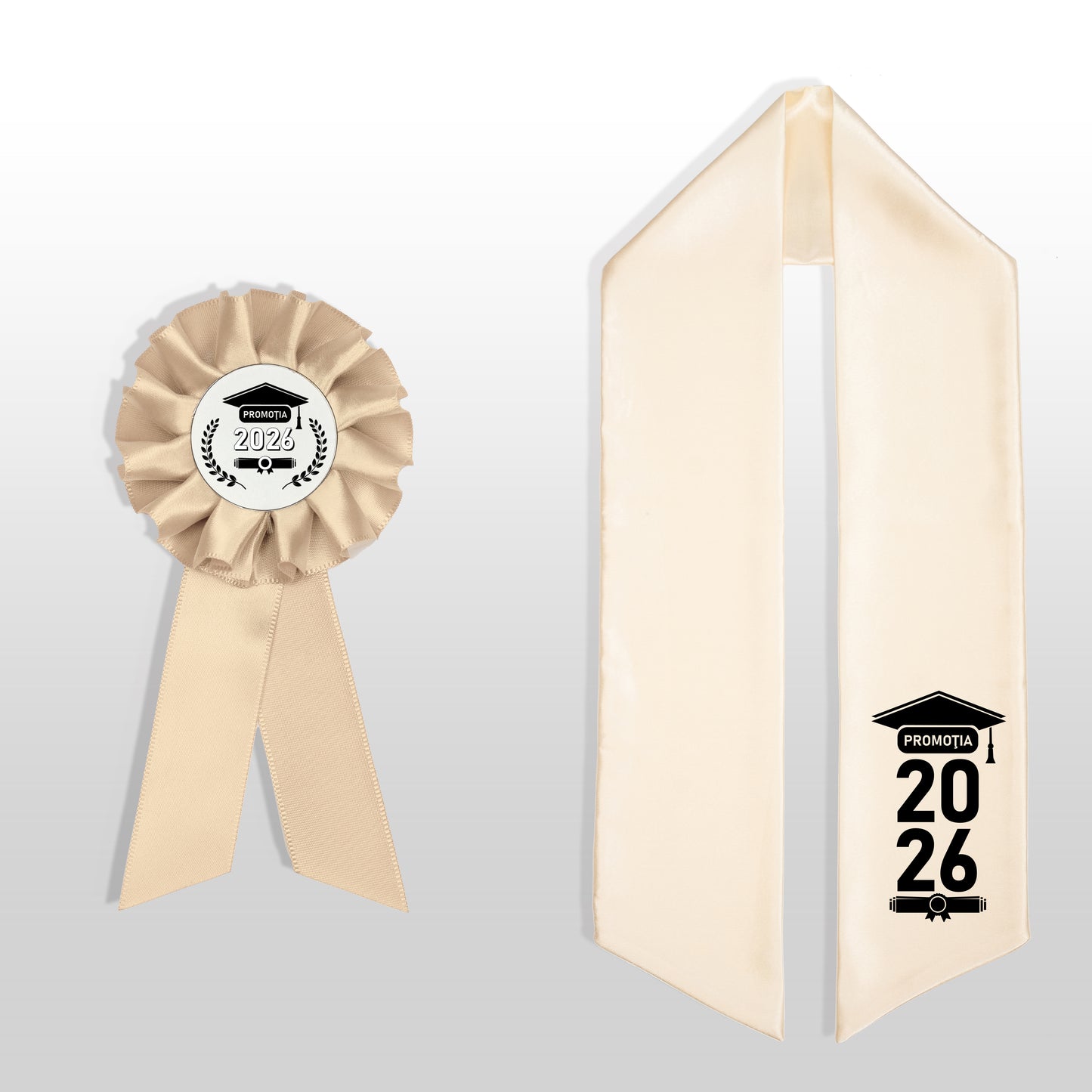 Eșarfă și cocardă de absolvire șampanie