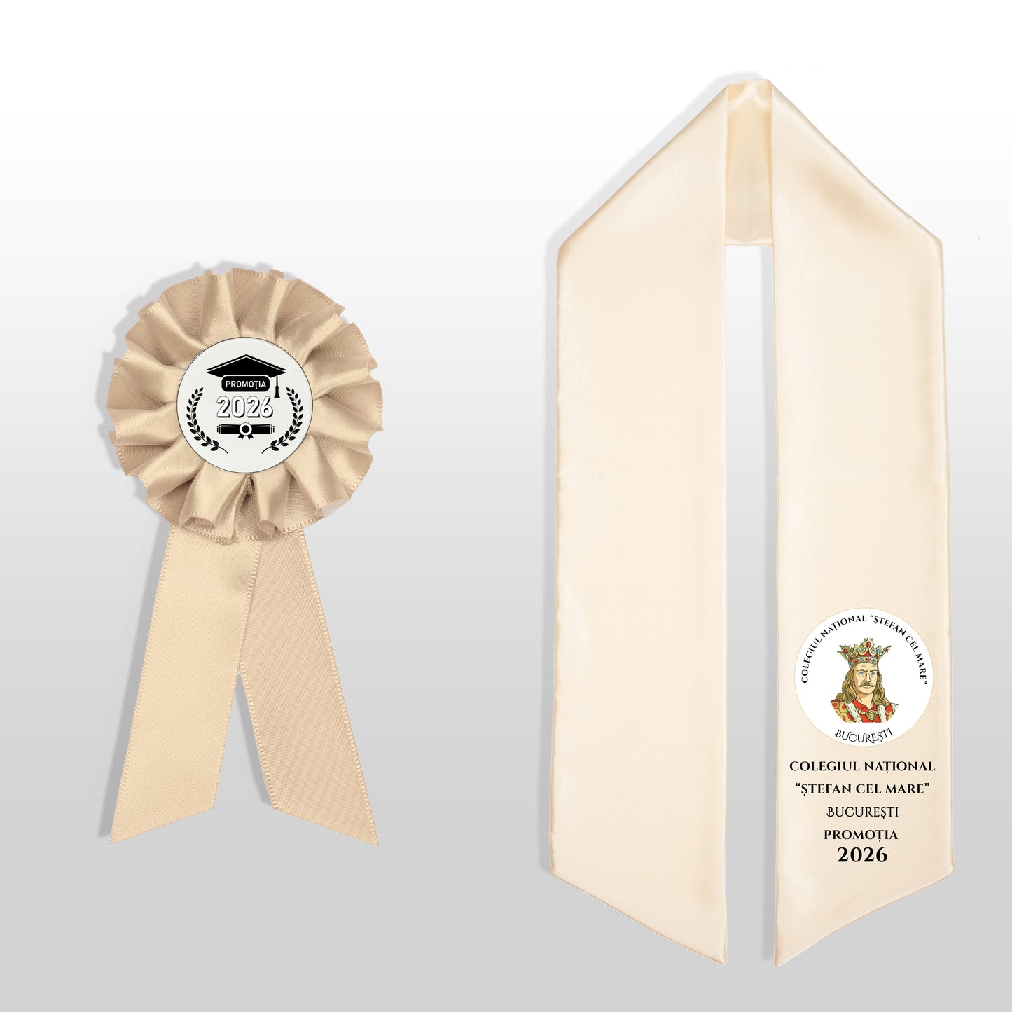Eșarfă și cocardă de absolvire șampanie