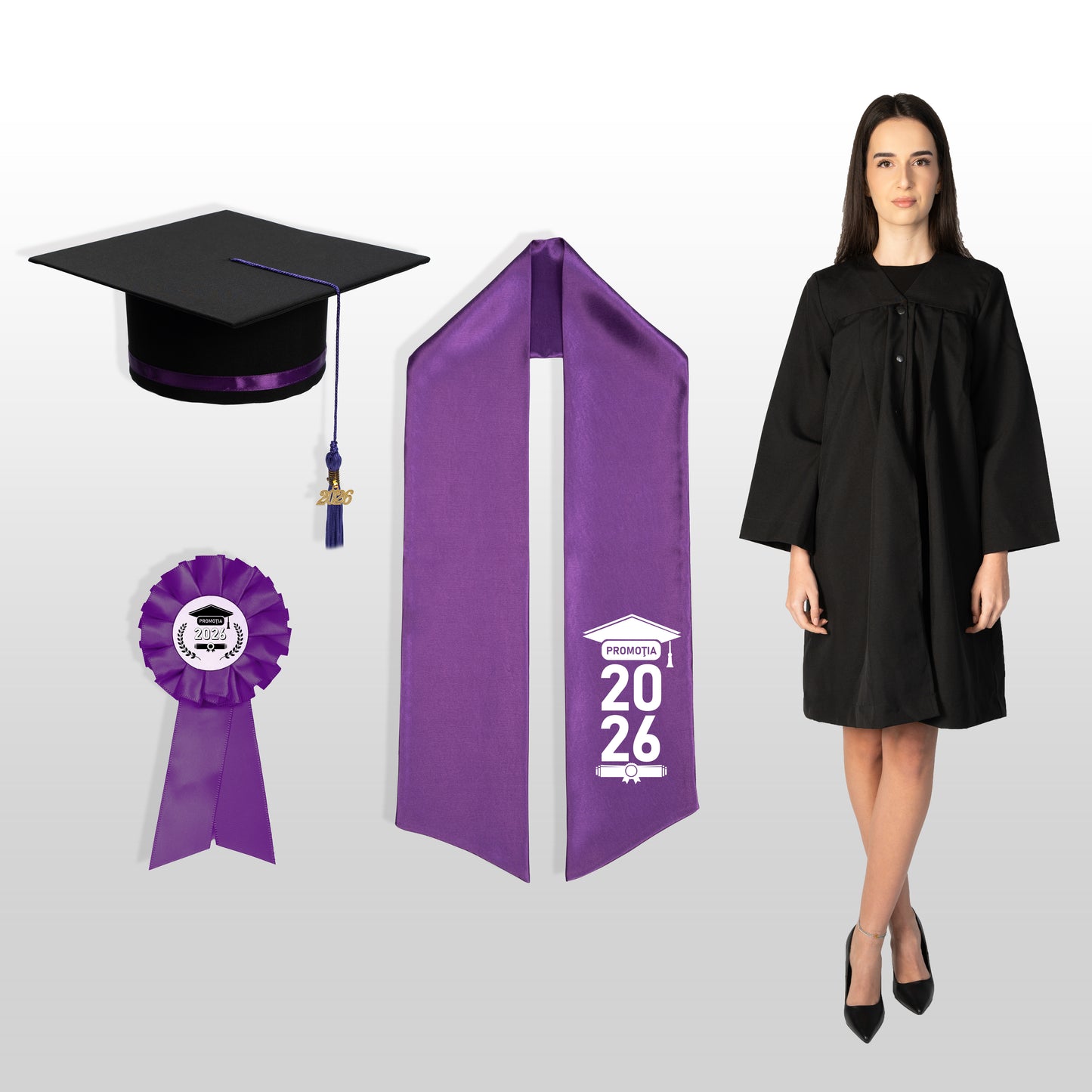 Robă, tocă, eșarfă și cocardă absolvire mov personalizată standard doar eșarfa