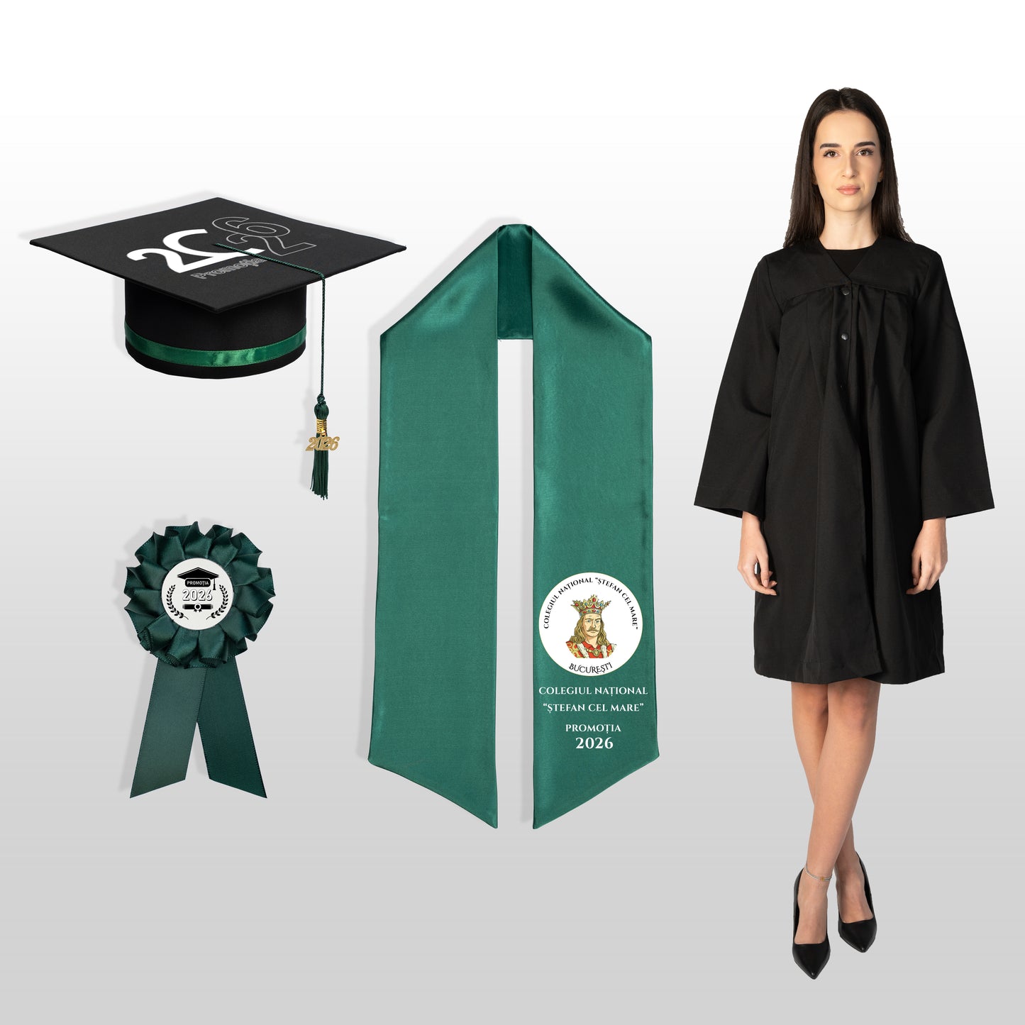Robă, tocă, eșarfă și cocardă verde închis personalizate 