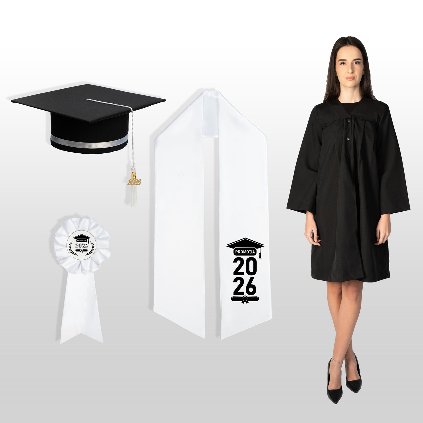 Robă, tocă, eșarfă și cocardă absolvire alb personalizată standard doar eșarfa