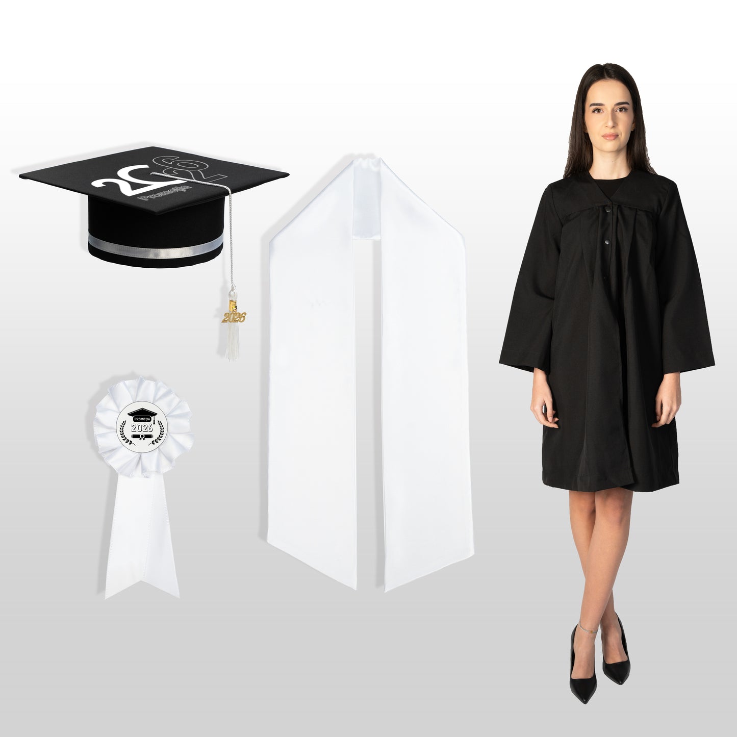 Robă, tocă, eșarfă și cocardă absolvire alb personalizată standard doar toca