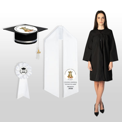 Robă, tocă, eșarfă și cocardă absolvire alb personalizate complet