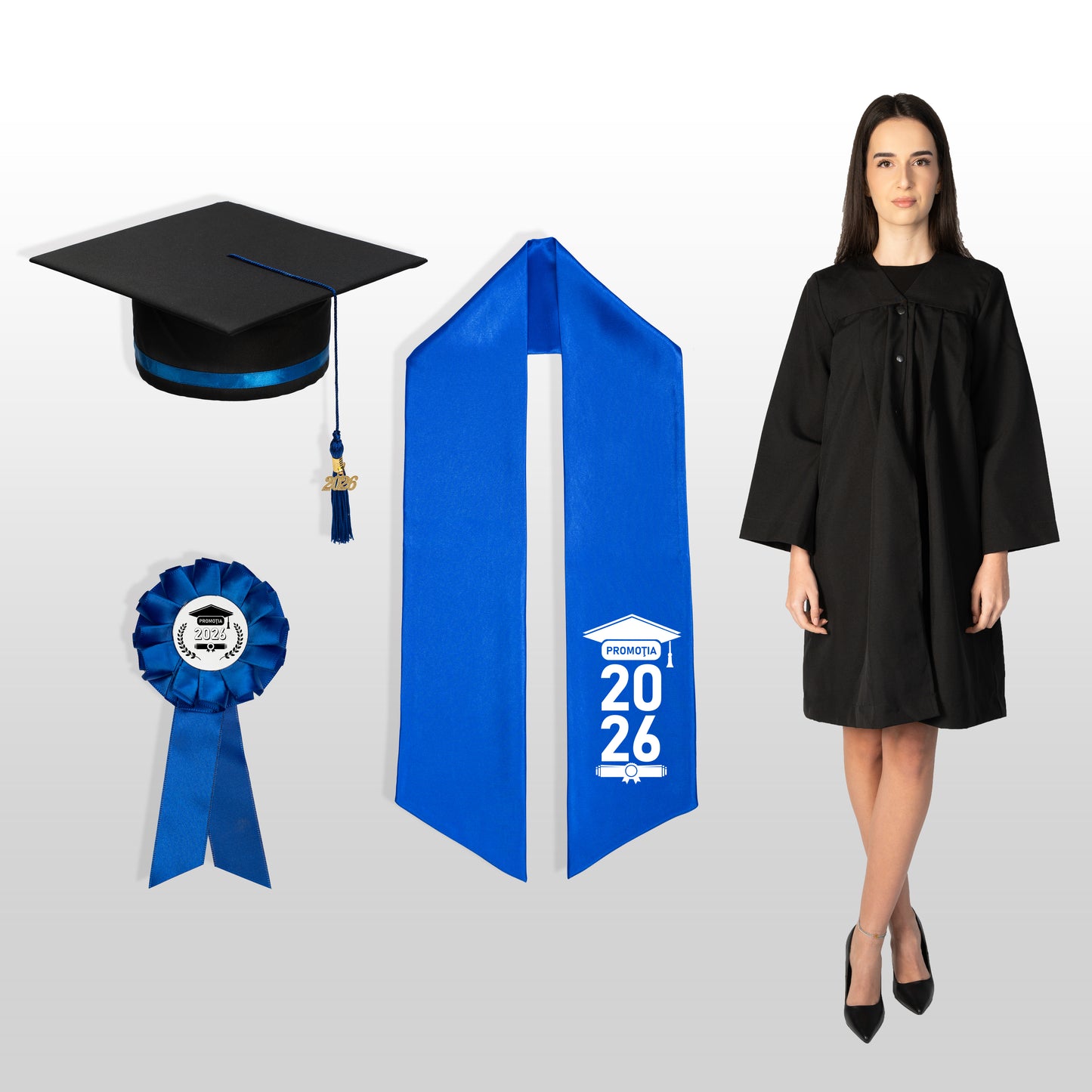Robă, tocă, eșarfă și cocardă absolvire albastru închis personalizată standard doar eșarfa 