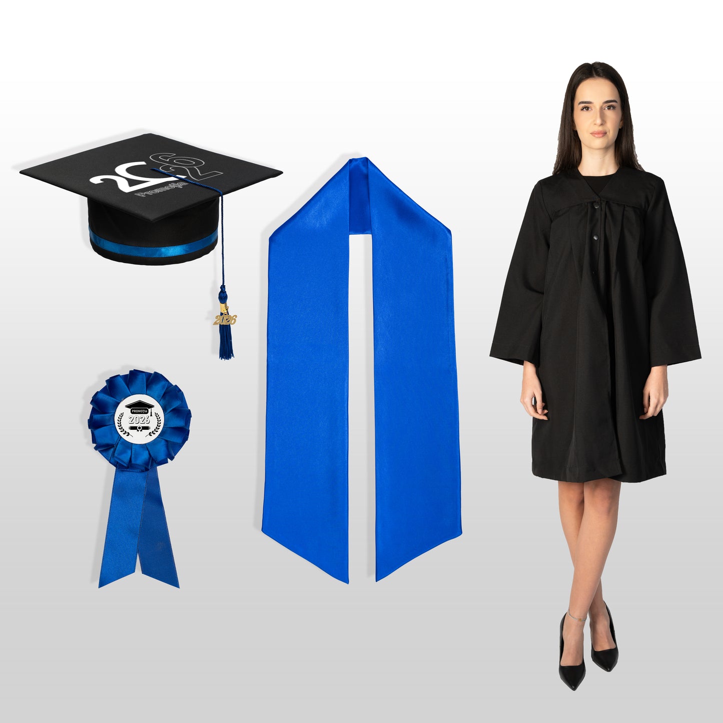 Robă, tocă, eșarfă și cocardă absolvire albastru închis personalizată standard doar toca