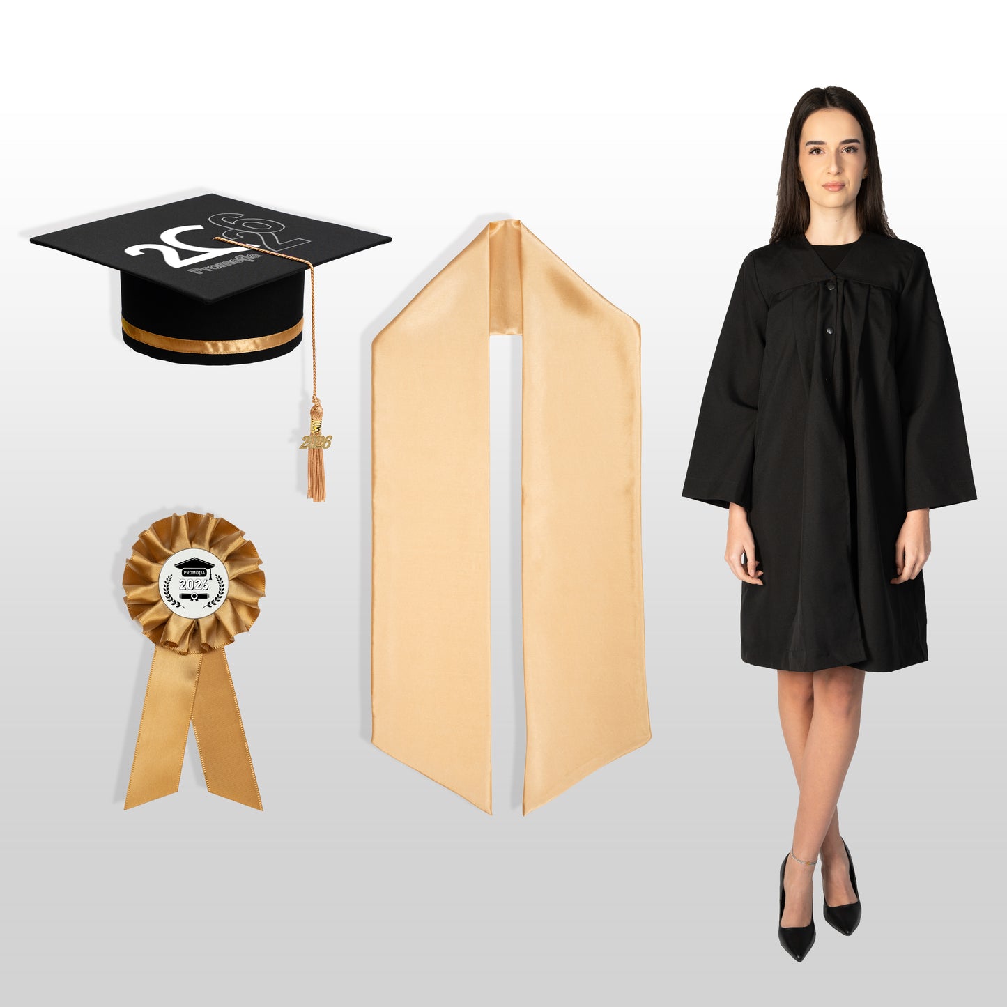 Robă, tocă, eșarfă și cocardă absolvire auriu personalizată standard doar toca