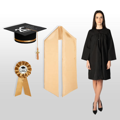 Robă, tocă, eșarfă și cocardă absolvire auriu personalizată standard doar toca