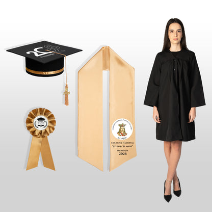 Robă, tocă, eșarfă și cocardă absolvire auriu personalizate