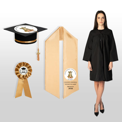 Robă, tocă, eșarfă și cocardă absolvire auriu personalizate complet