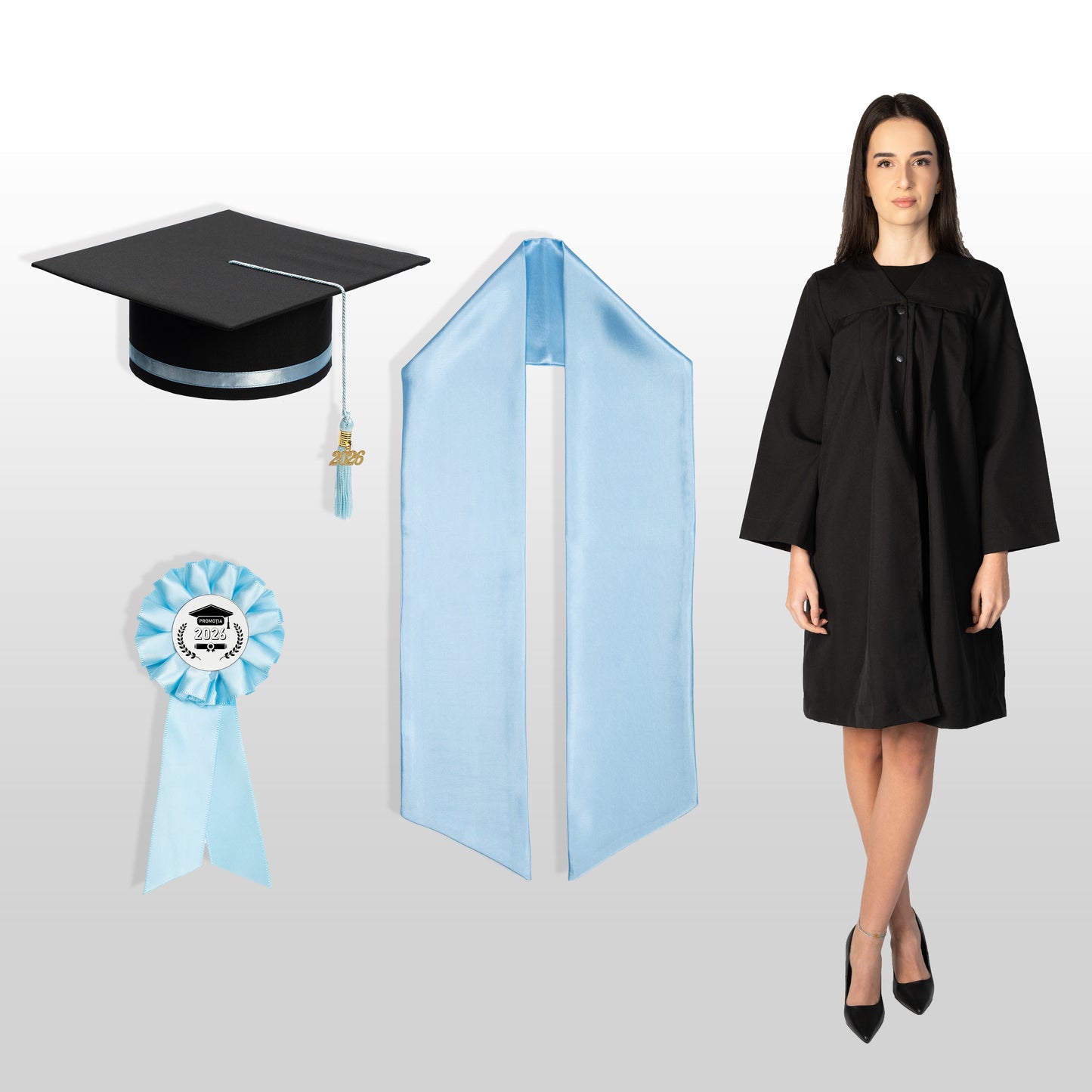 Robă, tocă, eșarfă și cocardă absolvire baby blue nepersonalizate