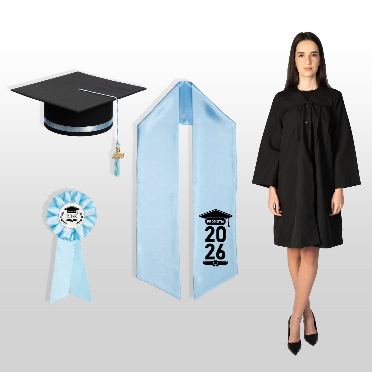 Robă, tocă, eșarfă și cocardă absolvire baby blue personalizată standard doar eșarfa 