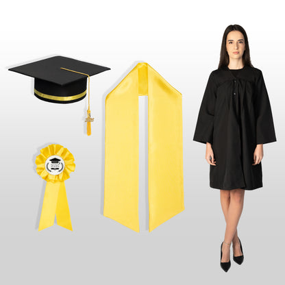Robă, tocă, eșarfă și cocardă absolvire galben nepersonalizate