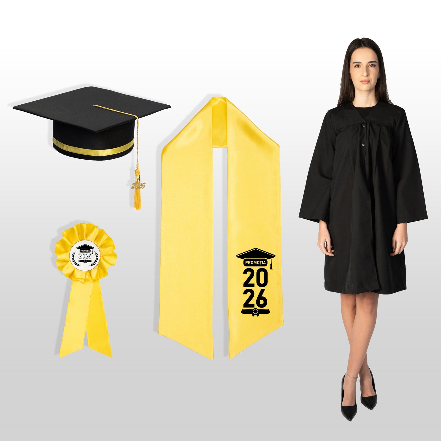 Robă, tocă, eșarfă și cocardă absolvire galben personalizată standard doar eșarfa