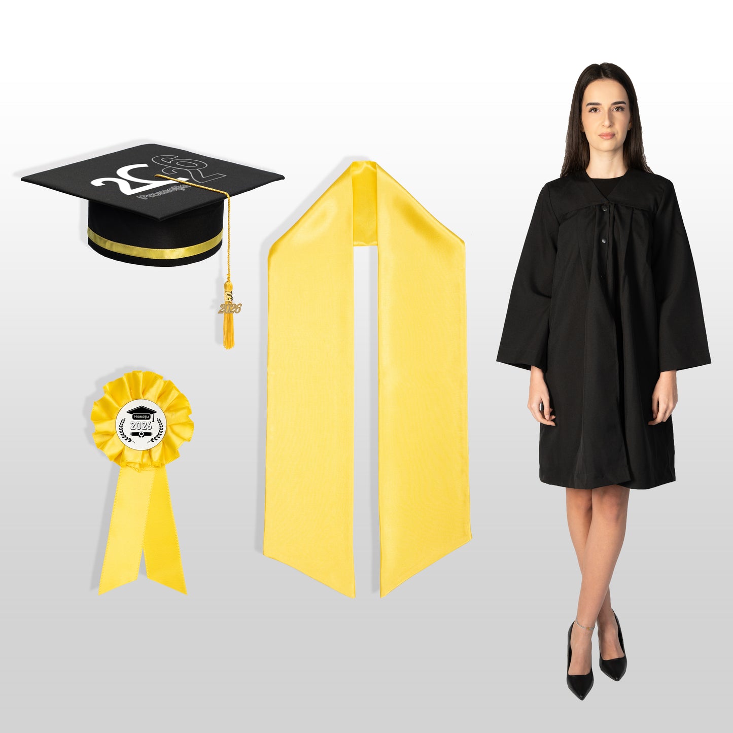 Robă, tocă, eșarfă și cocardă absolvire galben personalizată standard doar toca