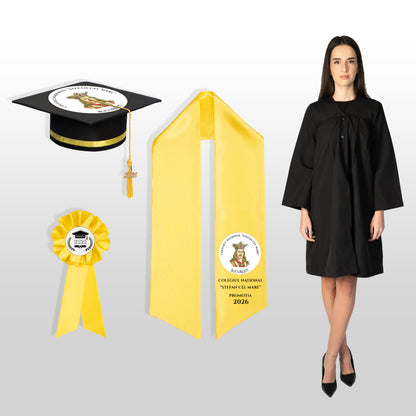 Robă, tocă, eșarfă și cocardă absolvire galben personalizate complet