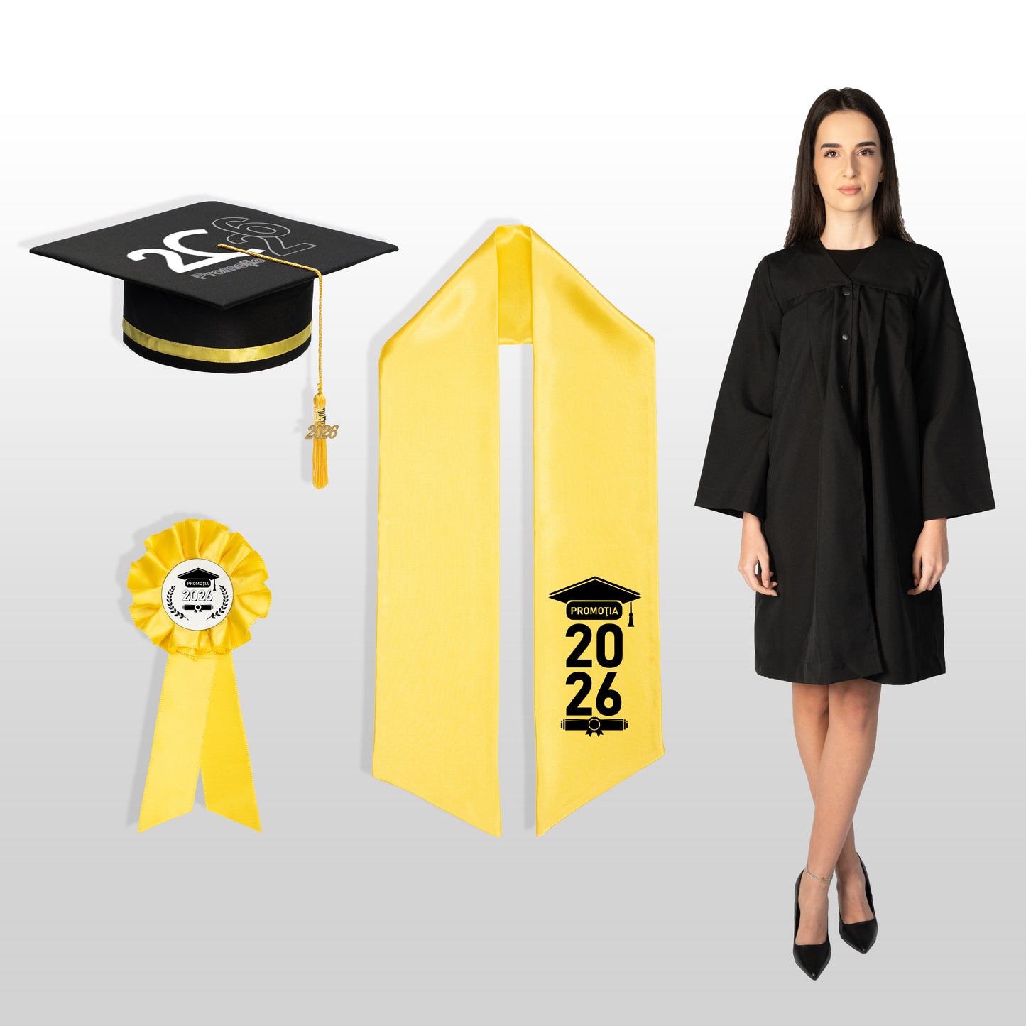 Robă, tocă, eșarfă și cocardă absolvire galben personalizate standard 