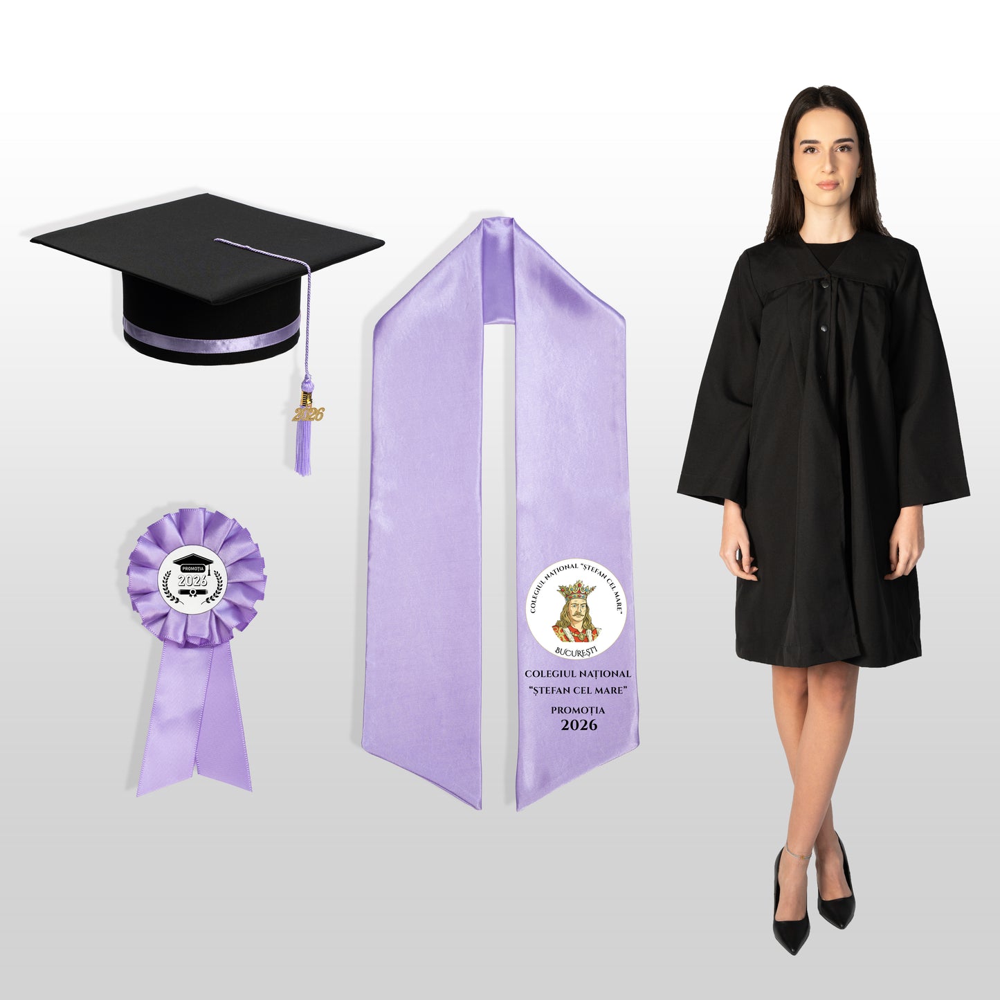 Robă, tocă, eșarfă și cocardă absolvire lila personalizată doar eșarfa