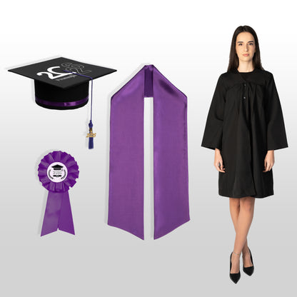 Robă, tocă, eșarfă și cocardă absolvire mov personalizată standard doar toca