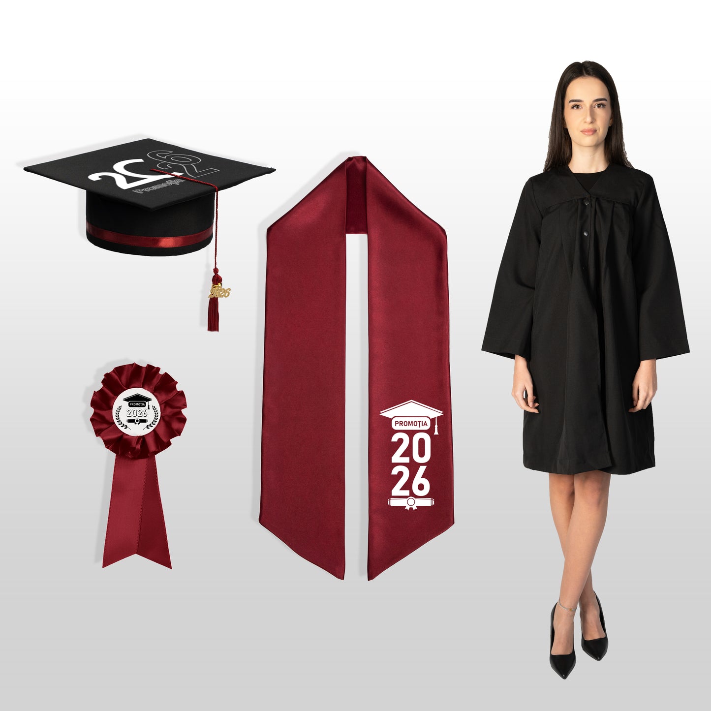 Robă, tocă, eșarfă și cocardă absolvire vișiniu personalizate standard