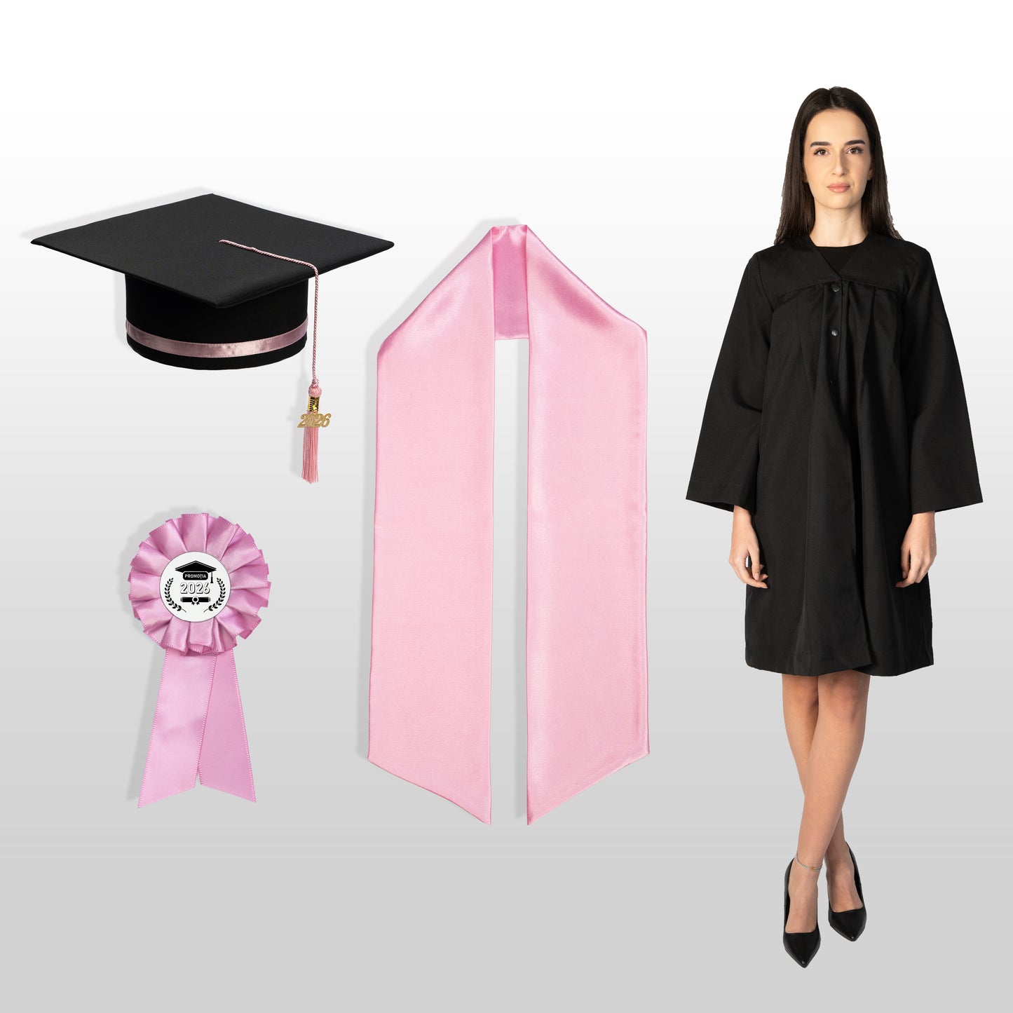 Robă, tocă, eșarfă și cocardă absolvire roze nepersonalizate