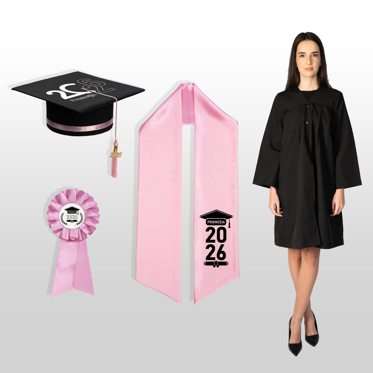 Robă, tocă, eșarfă și cocardă absolvire roze personalizate standard