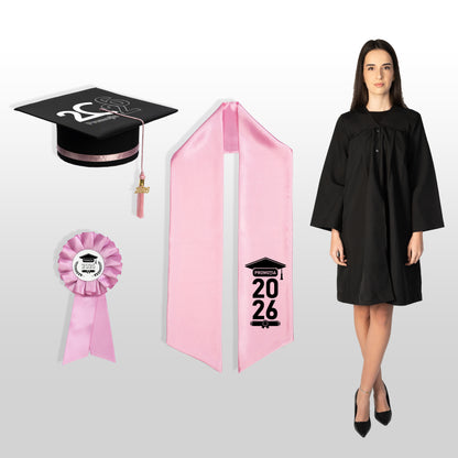 Robă, tocă, eșarfă și cocardă absolvire roze personalizate standard