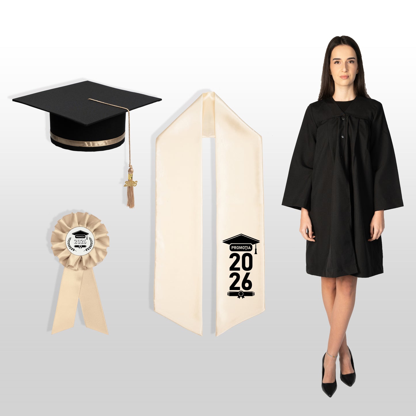 Robă, tocă, eșarfă și cocardă absolvire șampanie personalizată standard doar eșarfa