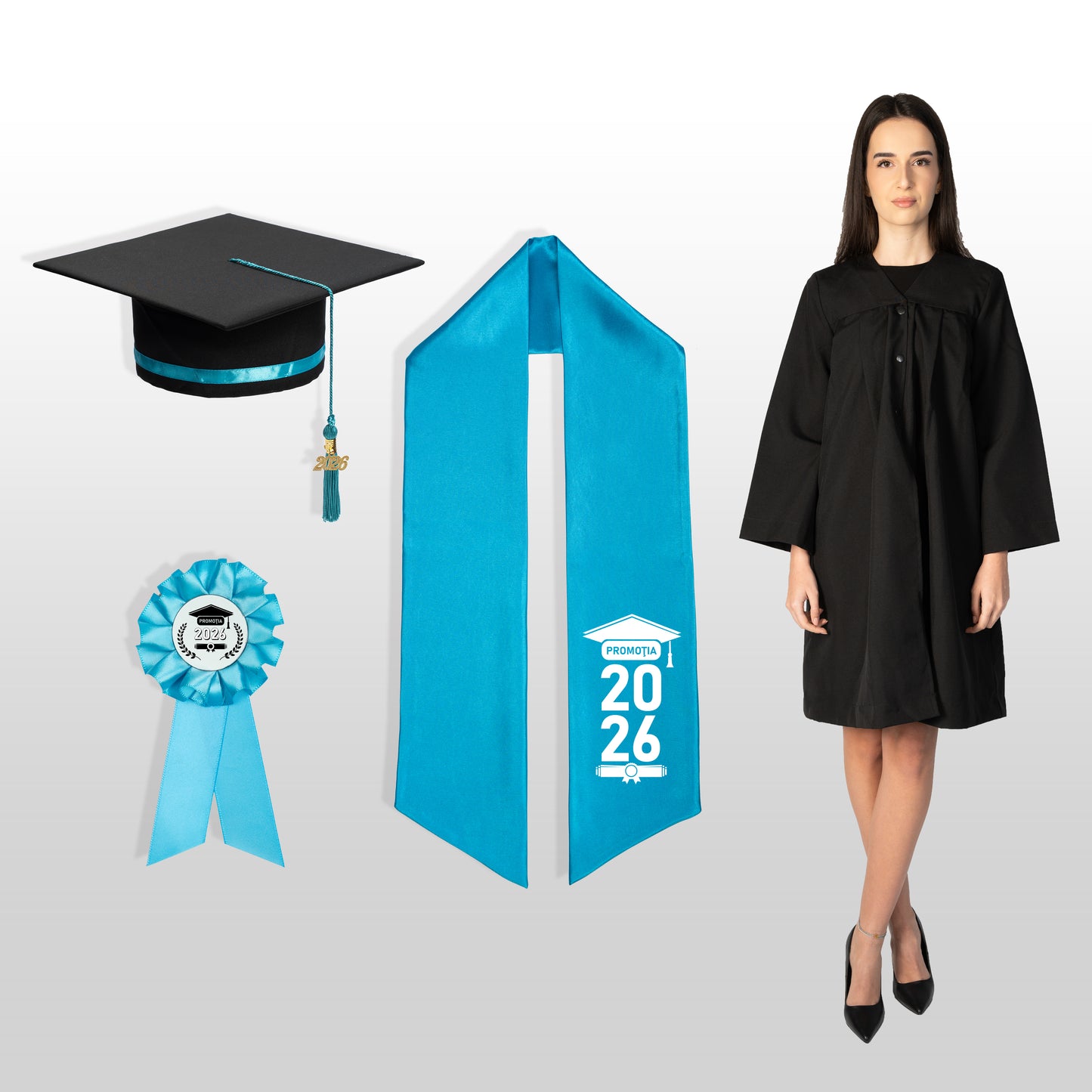 Robă, tocă, eșarfă și cocardă absolvire turquoise personalizată standard doar earfa