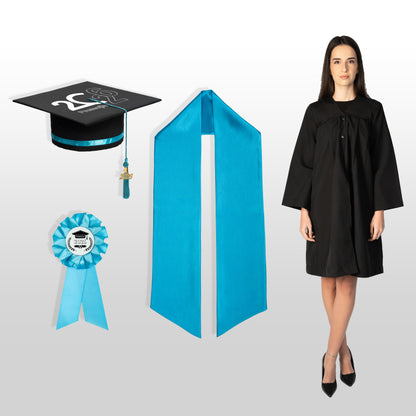 Robă, tocă, eșarfă și cocardă absolvire turquoise personalizată standard doar toca