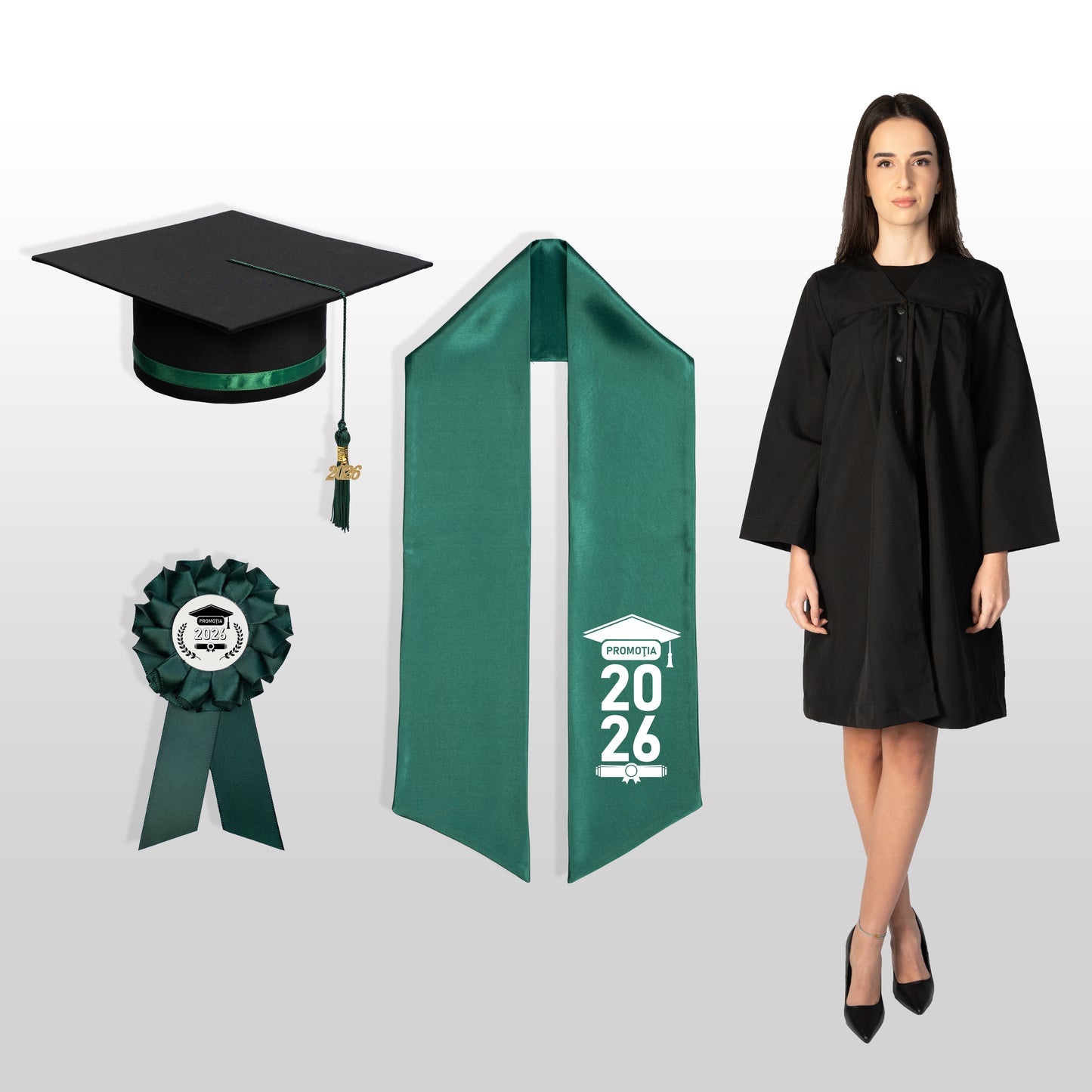 Robă, tocă, eșarfă și cocardă absolvire verde închis personalizată standard doar eșarfa