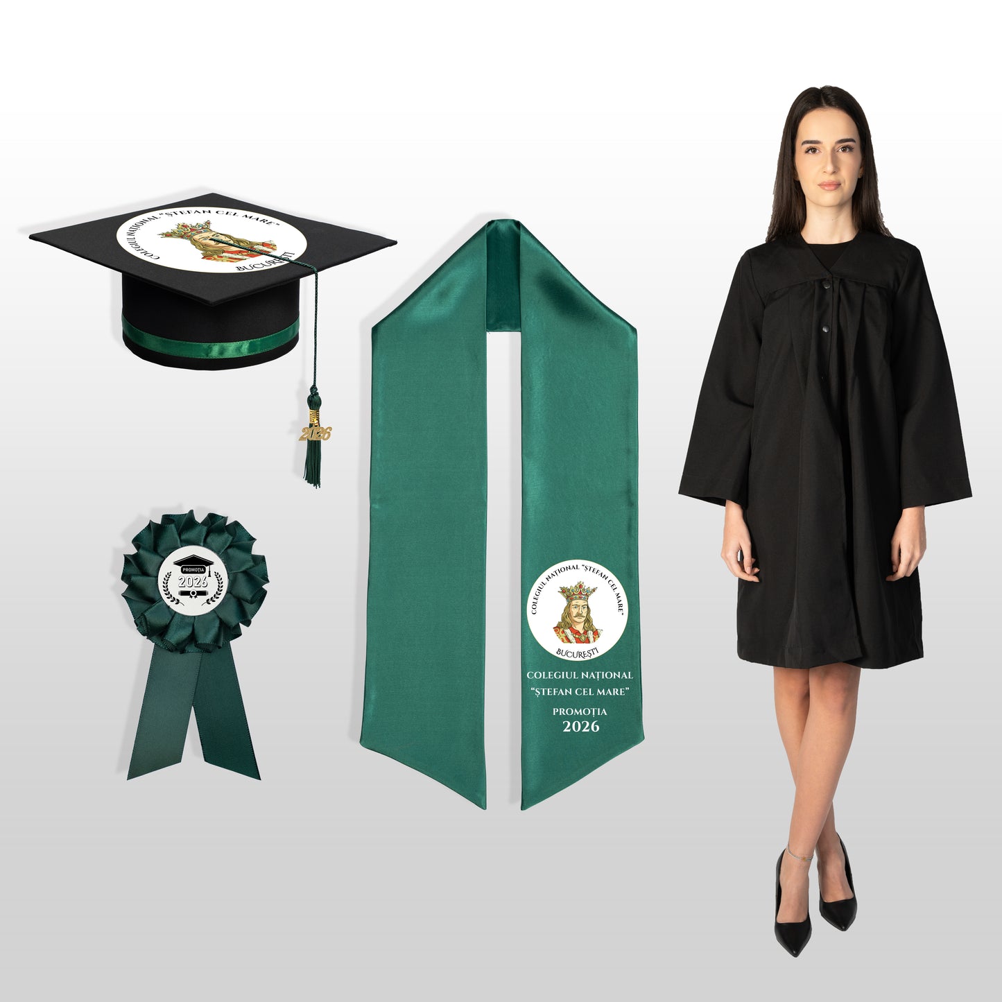 Robă, tocă, eșarfă și cocardă absolvire verde închis personalizate complet
