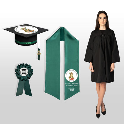 Robă, tocă, eșarfă și cocardă absolvire verde închis personalizate complet