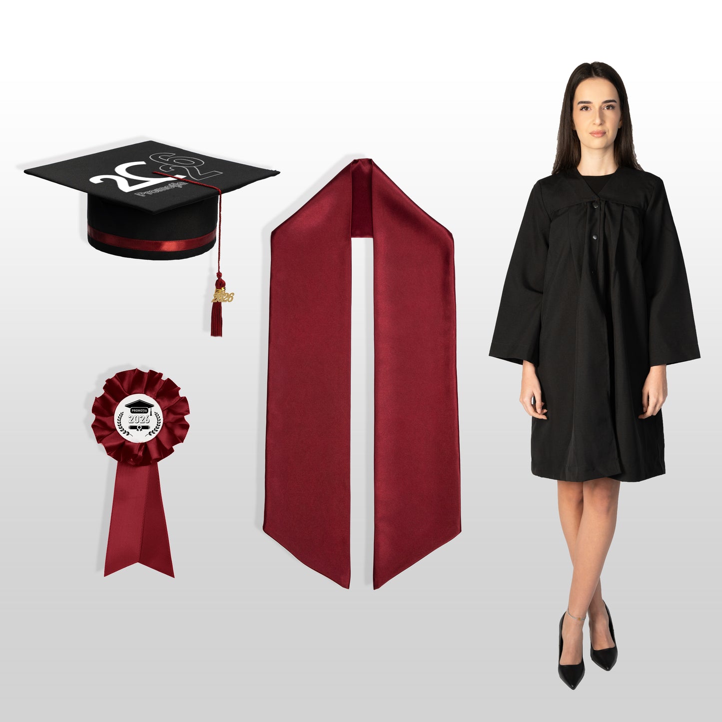 Robă, tocă, eșarfă și cocardă absolvire vișiniu personalizată doar toca