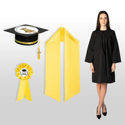 Robă, tocă, eșarfă și cocardă galben personalizată doar toca