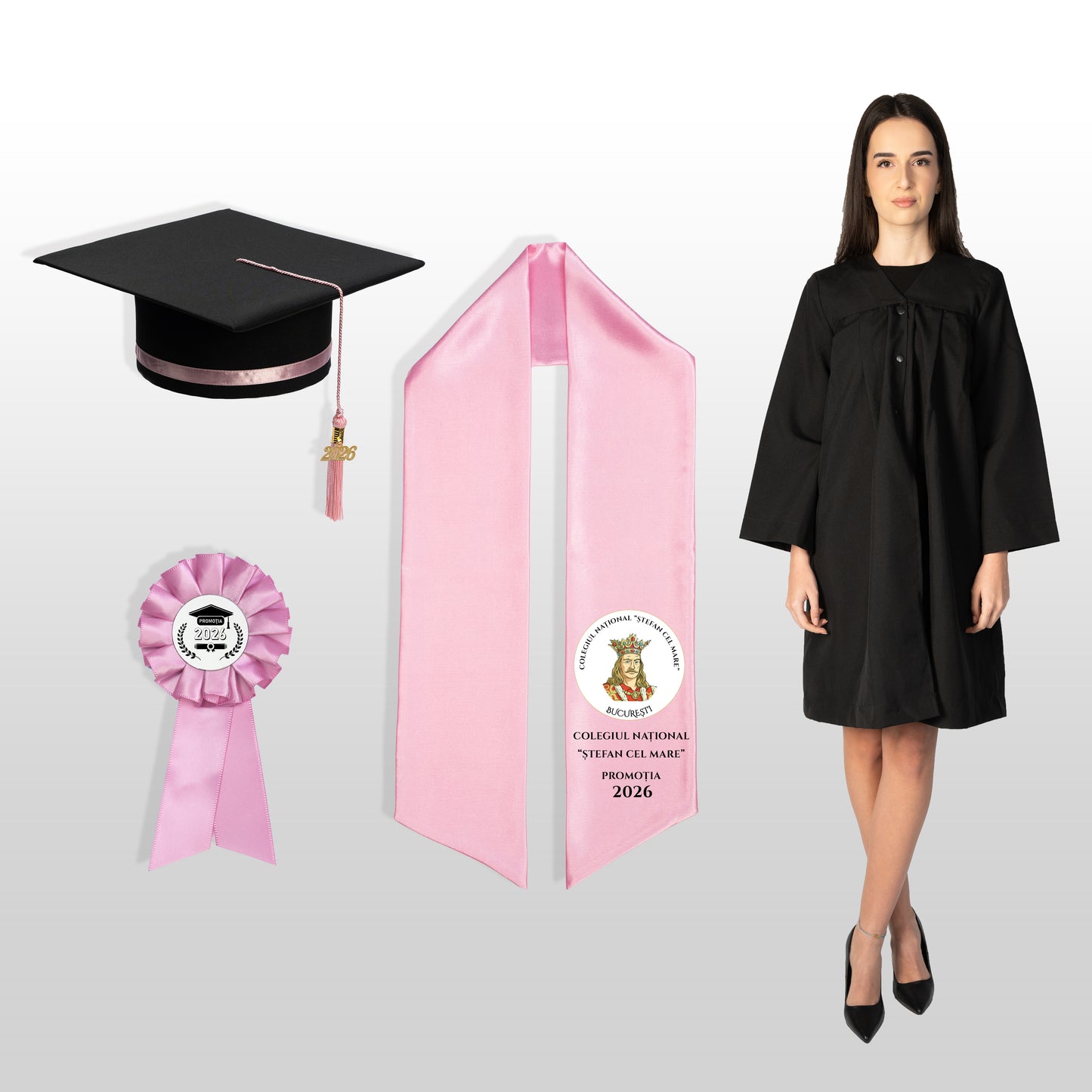 Robă, tocă, eșarfă și cocardă roze personalizată doar eșarfa