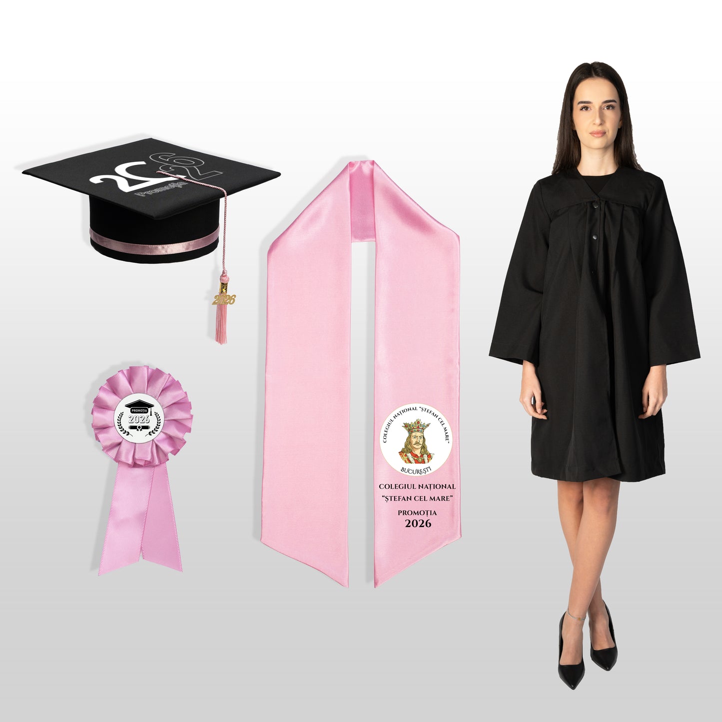 Robă, tocă, eșarfă și cocardă roze personalizate