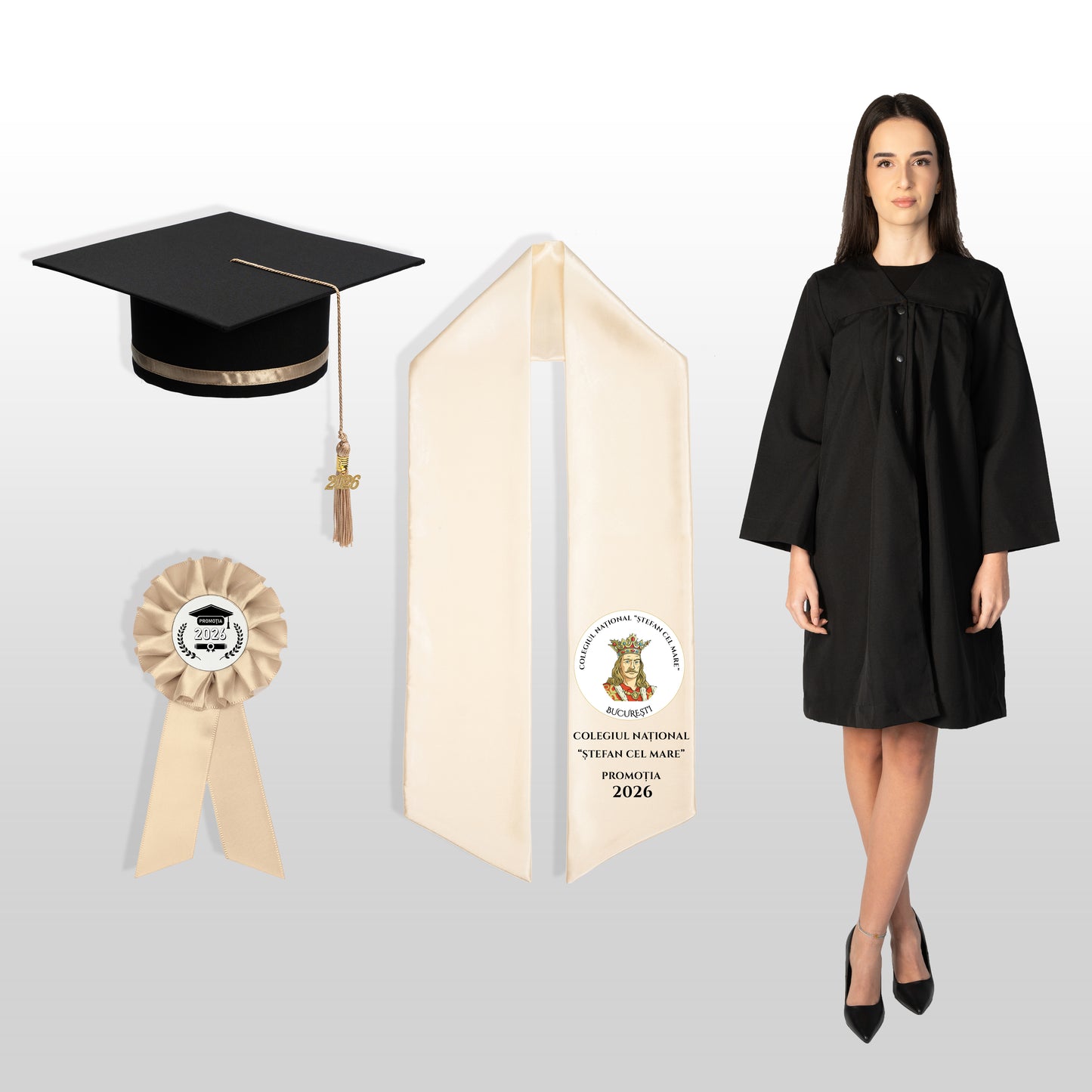 Robă, tocă, eșarfă și cocardă șampanie personalizată doar eșarfa