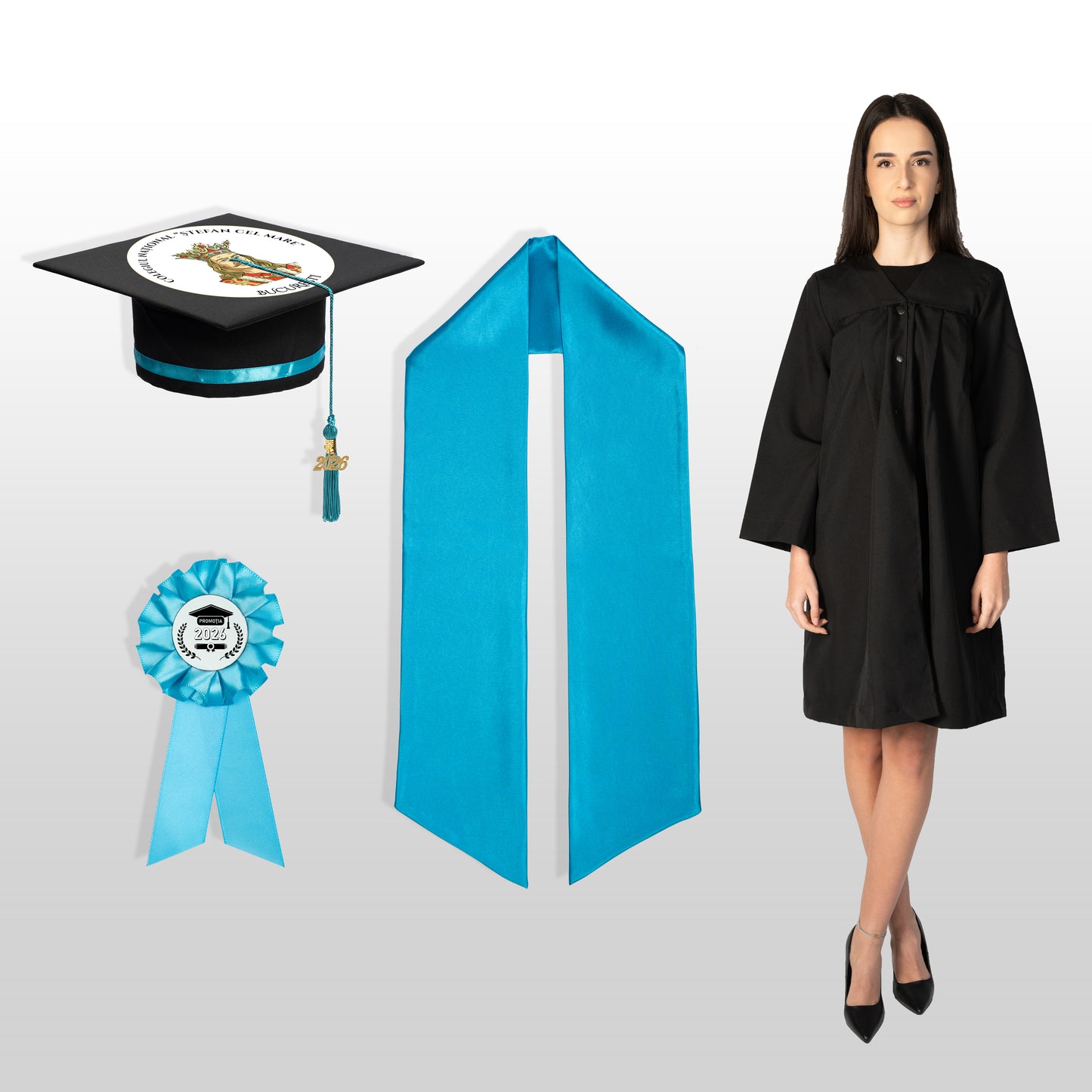 Robă, tocă, eșarfă și cocardă turquoise personalizată doar toca
