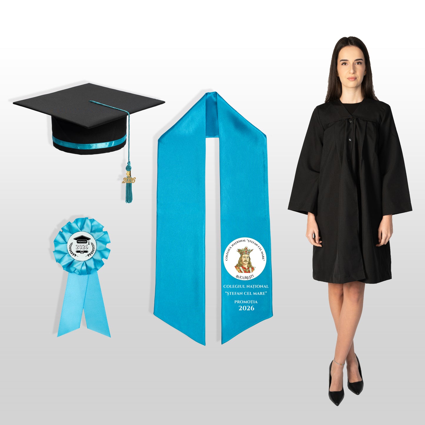 Robă, tocă, eșarfă și cocardă turquoise personalizată doar eșarfa