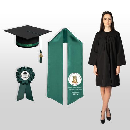 Robă, tocă, eșarfă și cocardă verde închis personalizată doar eșarfa
