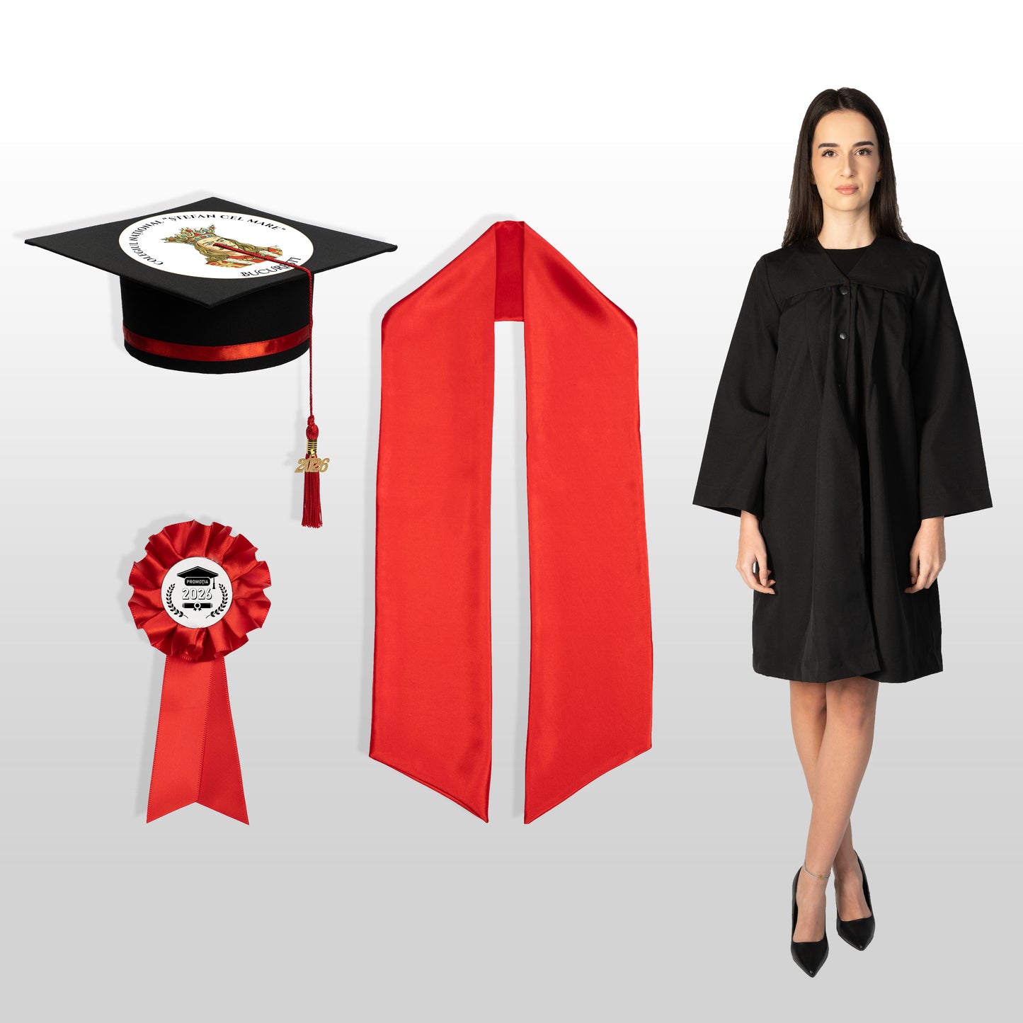 Set Robă, tocă, eșarfă și cocardă roșu personalizată doar toca