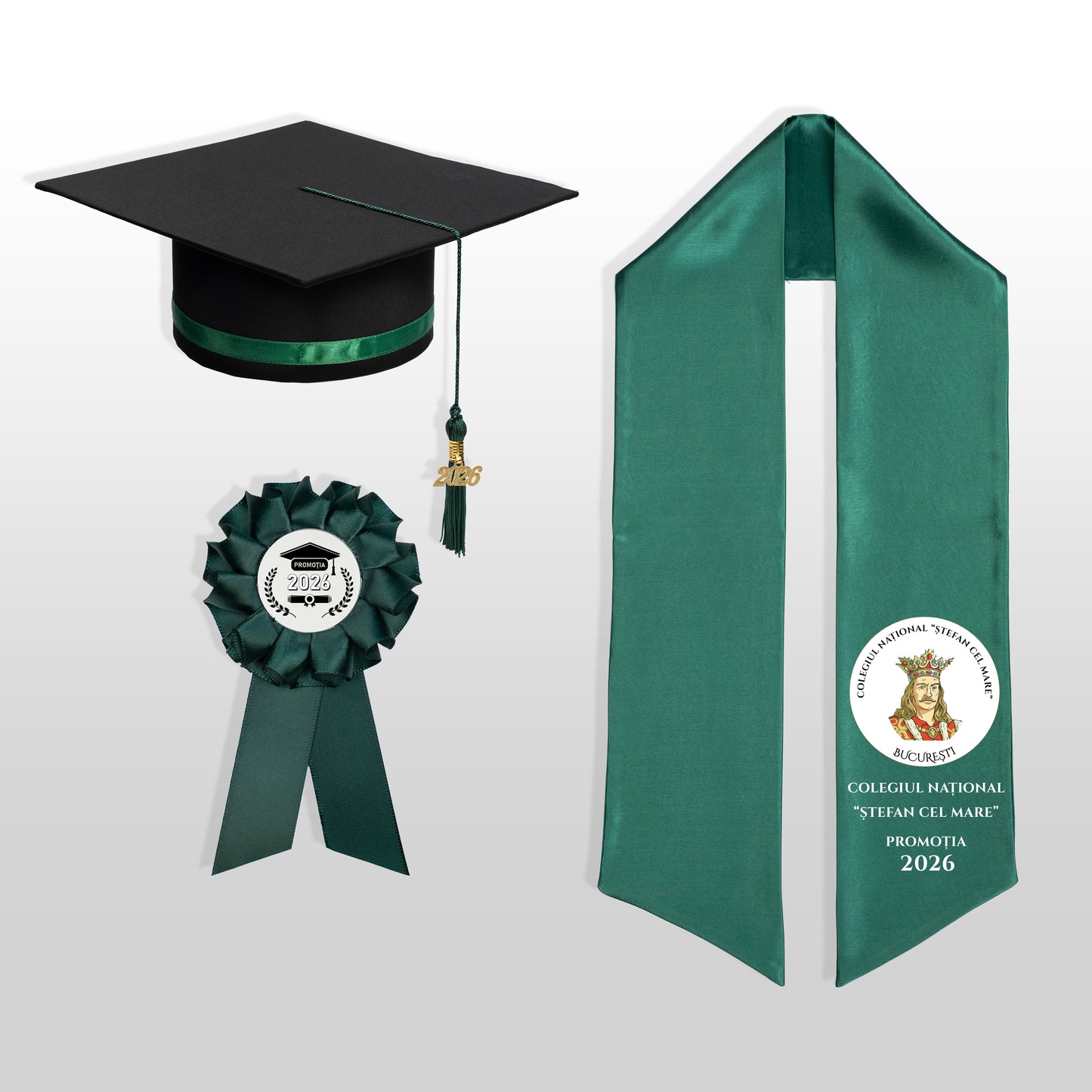 Tocă, eșarfă și cocardă absolvire verde închis personalizată doar eșarfa