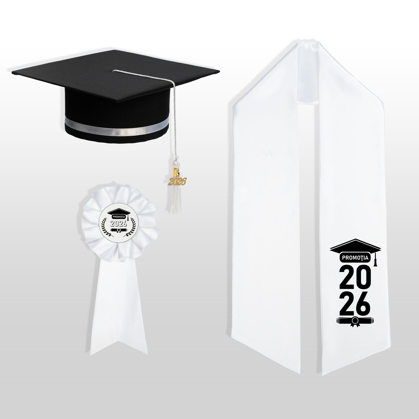 Tocă, eșarfă și cocardă absolvire alb personalizată doar eșarfa